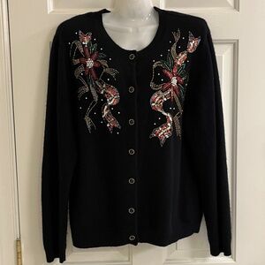 Vintage Susan Bristol Hand Beaded Wool & Angora Holiday Cardigan Size L
